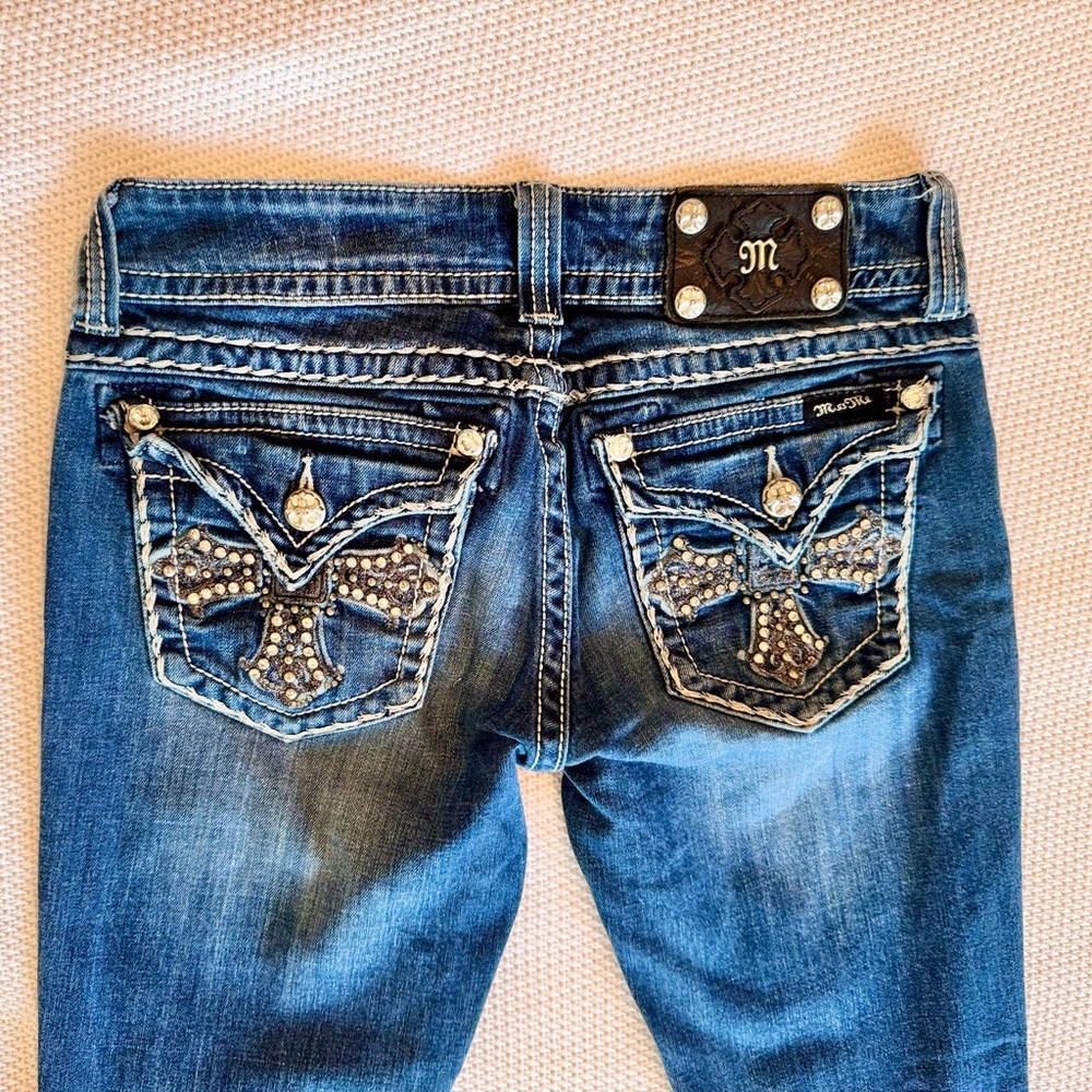 MISS ME Boot-cut Blue Jeans w Rhinestone Silver Cross Embellishments #JP5046B9